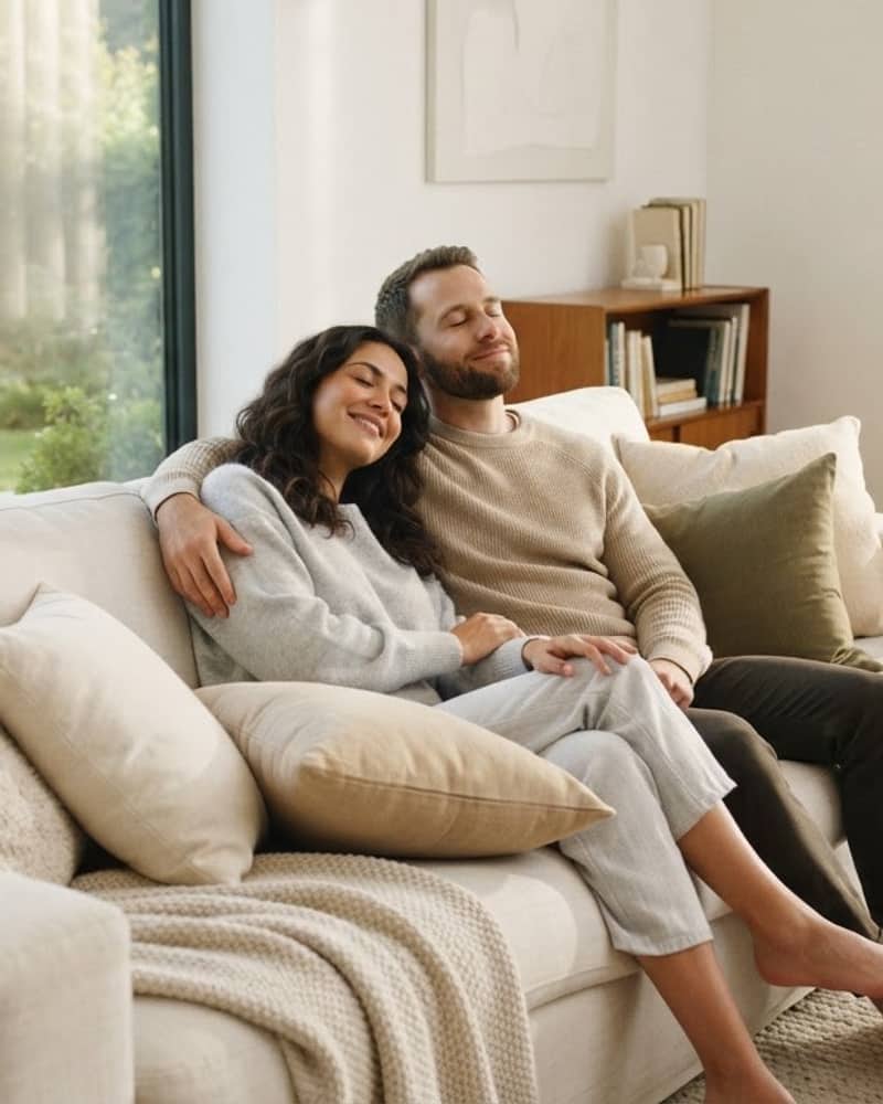 Couple relaxing in a clean, comfortable Muskoka home with fresh indoor air